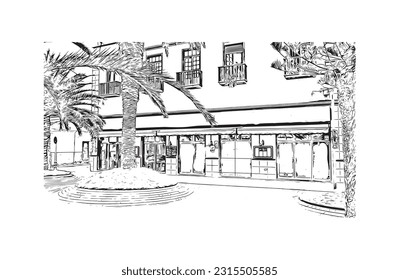 Building view with landmark of Puerto de la Cruz is the 
city in Spain. Hand drawn sketch illustration in vector.