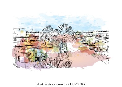 Building view with landmark of Puerto de la Cruz is the 
city in Spain. Watercolor splash with hand drawn sketch illustration in vector.