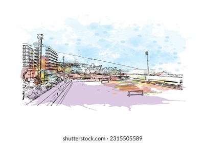 Building view with landmark of Puerto de la Cruz is the 
city in Spain. Watercolor splash with hand drawn sketch illustration in vector.