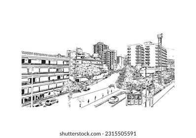 Building view with landmark of Puerto de la Cruz is the 
city in Spain. Hand drawn sketch illustration in vector.