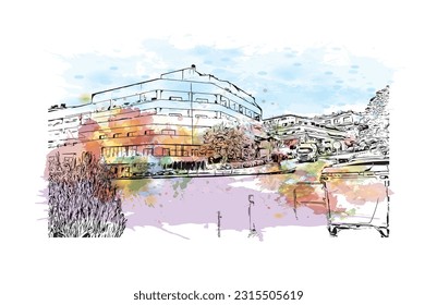 Building view with landmark of Puerto de la Cruz is the 
city in Spain. Watercolor splash with hand drawn sketch illustration in vector.