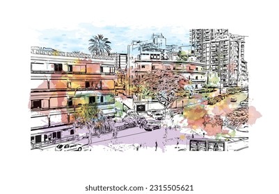 Building view with landmark of Puerto de la Cruz is the 
city in Spain. Watercolor splash with hand drawn sketch illustration in vector.