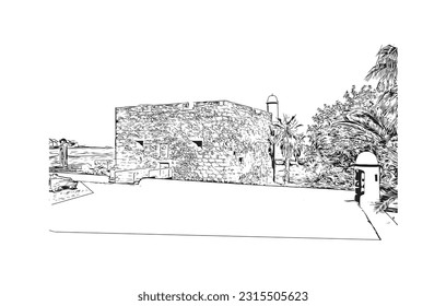 Building view with landmark of Puerto de la Cruz is the 
city in Spain. Hand drawn sketch illustration in vector.