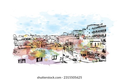 Building view with landmark of Puerto de la Cruz is the 
city in Spain. Watercolor splash with hand drawn sketch illustration in vector.