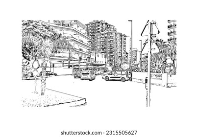 Building view with landmark of Puerto de la Cruz is the 
city in Spain. Hand drawn sketch illustration in vector.