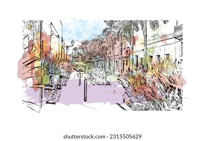 Building view with landmark of Puerto de la Cruz is the 
city in Spain. Watercolor splash with hand drawn sketch illustration in vector.