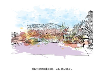 Building view with landmark of Puerto de la Cruz is the 
city in Spain. Watercolor splash with hand drawn sketch illustration in vector.