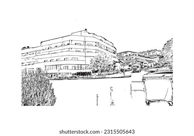 Building view with landmark of Puerto de la Cruz is the 
city in Spain. Hand drawn sketch illustration in vector.