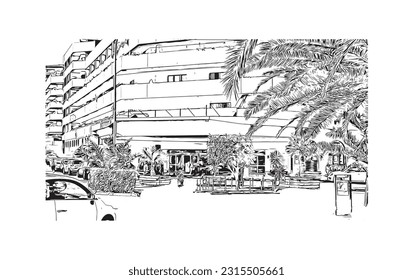 Building view with landmark of Puerto de la Cruz is the 
city in Spain. Hand drawn sketch illustration in vector.