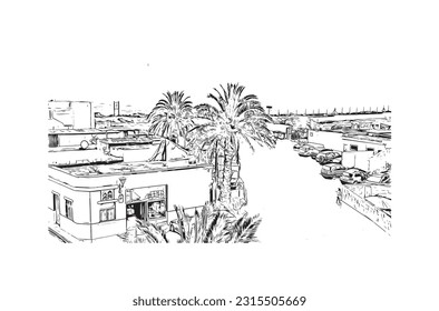 Building view with landmark of Puerto de la Cruz is the 
city in Spain. Hand drawn sketch illustration in vector.