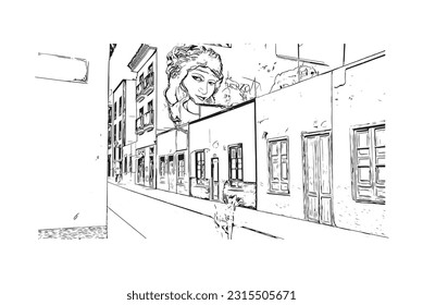 Building view with landmark of Puerto de la Cruz is the 
city in Spain. Hand drawn sketch illustration in vector.