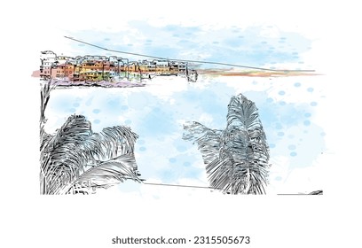 Building view with landmark of Puerto de la Cruz is the 
city in Spain. Watercolor splash with hand drawn sketch illustration in vector.