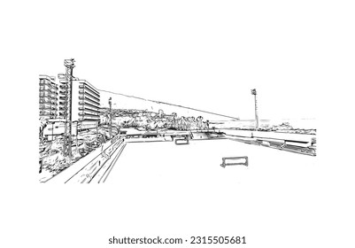 Building view with landmark of Puerto de la Cruz is the 
city in Spain. Hand drawn sketch illustration in vector.