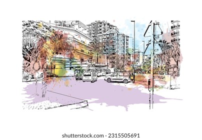 Building view with landmark of Puerto de la Cruz is the 
city in Spain. Watercolor splash with hand drawn sketch illustration in vector.