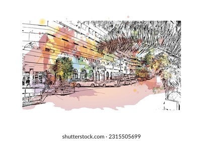 Building view with landmark of Puerto de la Cruz is the 
city in Spain. Watercolor splash with hand drawn sketch illustration in vector.