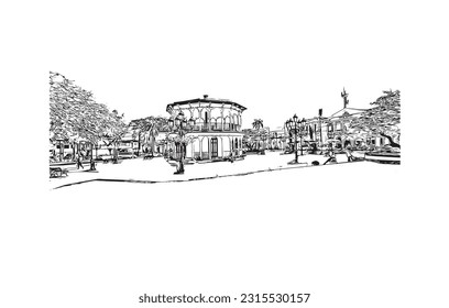 Building view with landmark of Puerto Plata is the city in Dominican Republic. Hand drawn sketch illustration in vector.