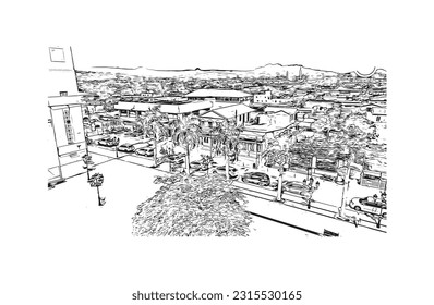 Building view with landmark of Puerto Plata is the city in Dominican Republic. Hand drawn sketch illustration in vector.