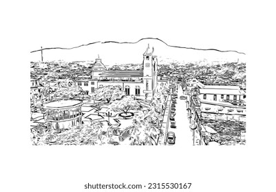 Building view with landmark of Puerto Plata is the city in Dominican Republic. Hand drawn sketch illustration in vector.