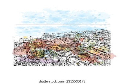 Building view with landmark of Puerto Plata is the city in Dominican Republic. Hand drawn sketch illustration in vector.