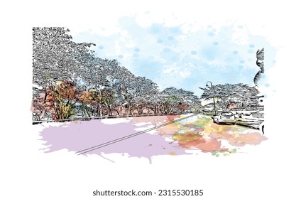 Building view with landmark of Puerto Plata is the city in Dominican Republic. Hand drawn sketch illustration in vector.