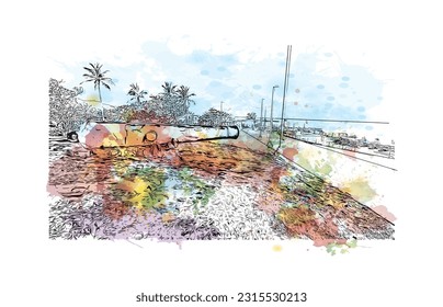 Die Stadt in der Dominikanischen Republik ist mit dem Blick auf das Gebäude von Puerto Plata ein Wahrzeichen. Aquarellspritzer mit handgezeichneter Skizzengrafik in Vektorgrafik.