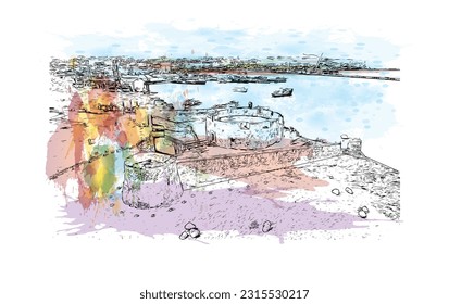 Building view with landmark of Puerto Plata is the city in Dominican Republic. Watercolor splash with hand drawn sketch illustration in vector.