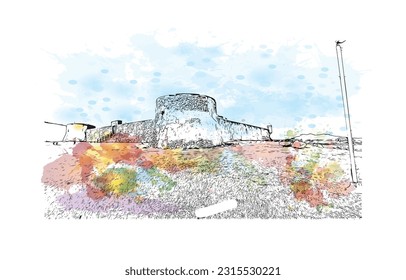 Building view with landmark of Puerto Plata is the city in Dominican Republic. Watercolor splash with hand drawn sketch illustration in vector.