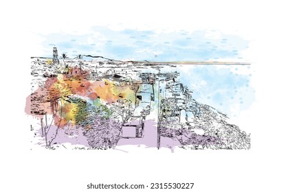 Die Stadt in der Dominikanischen Republik ist mit dem Blick auf das Gebäude von Puerto Plata ein Wahrzeichen. Aquarellspritzer mit handgezeichneter Skizzengrafik in Vektorgrafik.