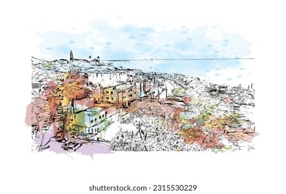 Building view with landmark of Puerto Plata is the city in Dominican Republic. Watercolor splash with hand drawn sketch illustration in vector.