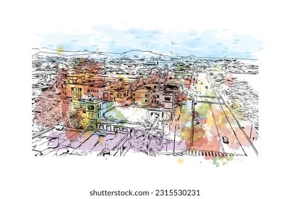 Die Stadt in der Dominikanischen Republik ist mit dem Blick auf das Gebäude von Puerto Plata ein Wahrzeichen. Aquarellspritzer mit handgezeichneter Skizzengrafik in Vektorgrafik.