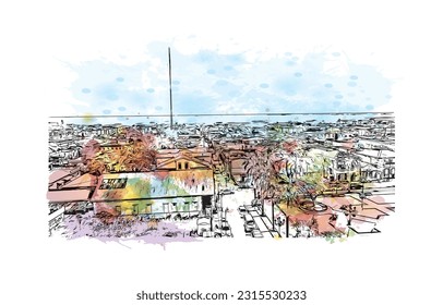 Die Stadt in der Dominikanischen Republik ist mit dem Blick auf das Gebäude von Puerto Plata ein Wahrzeichen. Aquarellspritzer mit handgezeichneter Skizzengrafik in Vektorgrafik.