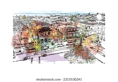 Die Stadt in der Dominikanischen Republik ist mit dem Blick auf das Gebäude von Puerto Plata ein Wahrzeichen. Aquarellspritzer mit handgezeichneter Skizzengrafik in Vektorgrafik.