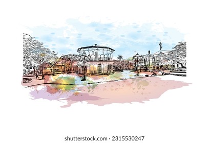 Die Stadt in der Dominikanischen Republik ist mit dem Blick auf das Gebäude von Puerto Plata ein Wahrzeichen. Aquarellspritzer mit handgezeichneter Skizzengrafik in Vektorgrafik.