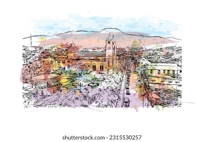 Die Stadt in der Dominikanischen Republik ist mit dem Blick auf das Gebäude von Puerto Plata ein Wahrzeichen. Aquarellspritzer mit handgezeichneter Skizzengrafik in Vektorgrafik.