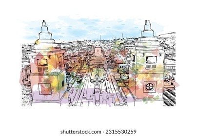 Die Stadt in der Dominikanischen Republik ist mit dem Blick auf das Gebäude von Puerto Plata ein Wahrzeichen. Aquarellspritzer mit handgezeichneter Skizzengrafik in Vektorgrafik.