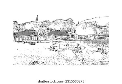 Building view with landmark of Puerto Plata is the city in Dominican Republic. Hand drawn sketch illustration in vector.