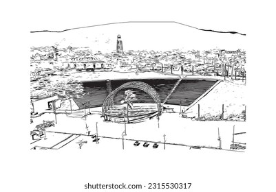 Building view with landmark of Puerto Plata is the city in Dominican Republic. Hand drawn sketch illustration in vector.