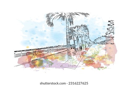 Building view with landmark of    Puerto Princesa  is the city in  Philippines. Watercolor splash with hand drawn sketch illustration in vector.
