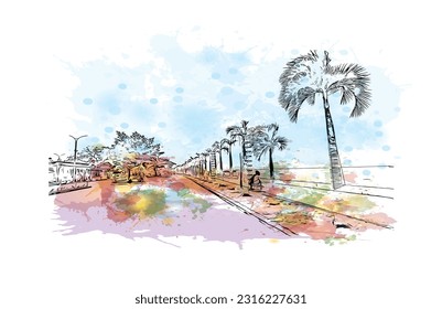Vista de edificio con punto de referencia de    Puerto Princesa es la ciudad de Filipinas. Salto de color de agua con ilustración de esbozo dibujada a mano en vector.