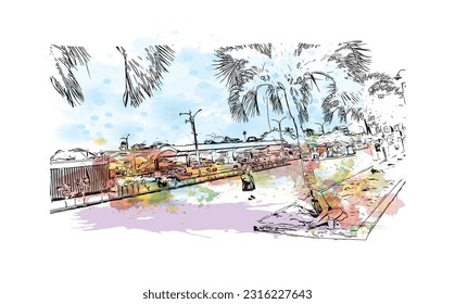 Building view with landmark of    Puerto Princesa  is the city in  Philippines. Watercolor splash with hand drawn sketch illustration in vector.