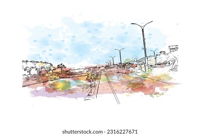 Bauansicht mit Wahrzeichen von    Puerto Princesa ist die Stadt auf den Philippinen. Aquarellspritzer mit handgezeichneter Skizzengrafik in Vektorgrafik.