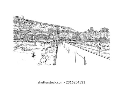 Building view with landmark of Puerto Rico de Gran Canaria is a  Spanish island in Gran Canaria. Hand drawn sketch illustration in vector.