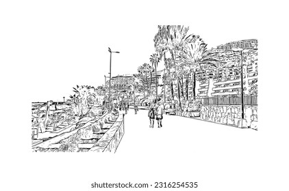 Building view with landmark of Puerto Rico de Gran Canaria is a  Spanish island in Gran Canaria. Hand drawn sketch illustration in vector.