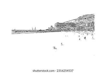Building view with landmark of Puerto Rico de Gran Canaria is a  Spanish island in Gran Canaria. Hand drawn sketch illustration in vector.
