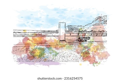 Building view with landmark of Puerto Rico de Gran Canaria is a  Spanish island in Gran Canaria. Watercolor splash with hand drawn sketch illustration in vector.