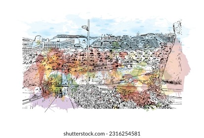 Building view with landmark of Puerto Rico de Gran Canaria is a  Spanish island in Gran Canaria. Watercolor splash with hand drawn sketch illustration in vector.