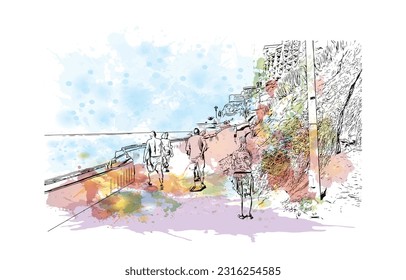 Building view with landmark of Puerto Rico de Gran Canaria is a  Spanish island in Gran Canaria. Watercolor splash with hand drawn sketch illustration in vector.