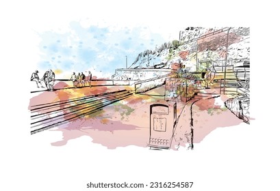 Building view with landmark of Puerto Rico de Gran Canaria is a  Spanish island in Gran Canaria. Watercolor splash with hand drawn sketch illustration in vector.