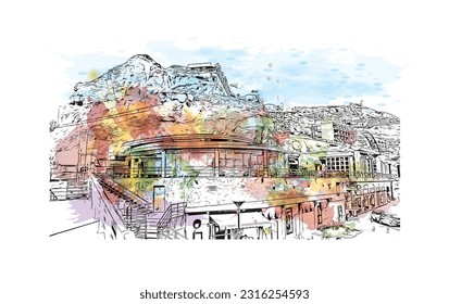 Building view with landmark of Puerto Rico de Gran Canaria is a  Spanish island in Gran Canaria. Watercolor splash with hand drawn sketch illustration in vector.