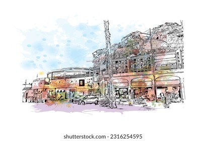 Building view with landmark of Puerto Rico de Gran Canaria is a  Spanish island in Gran Canaria. Watercolor splash with hand drawn sketch illustration in vector.